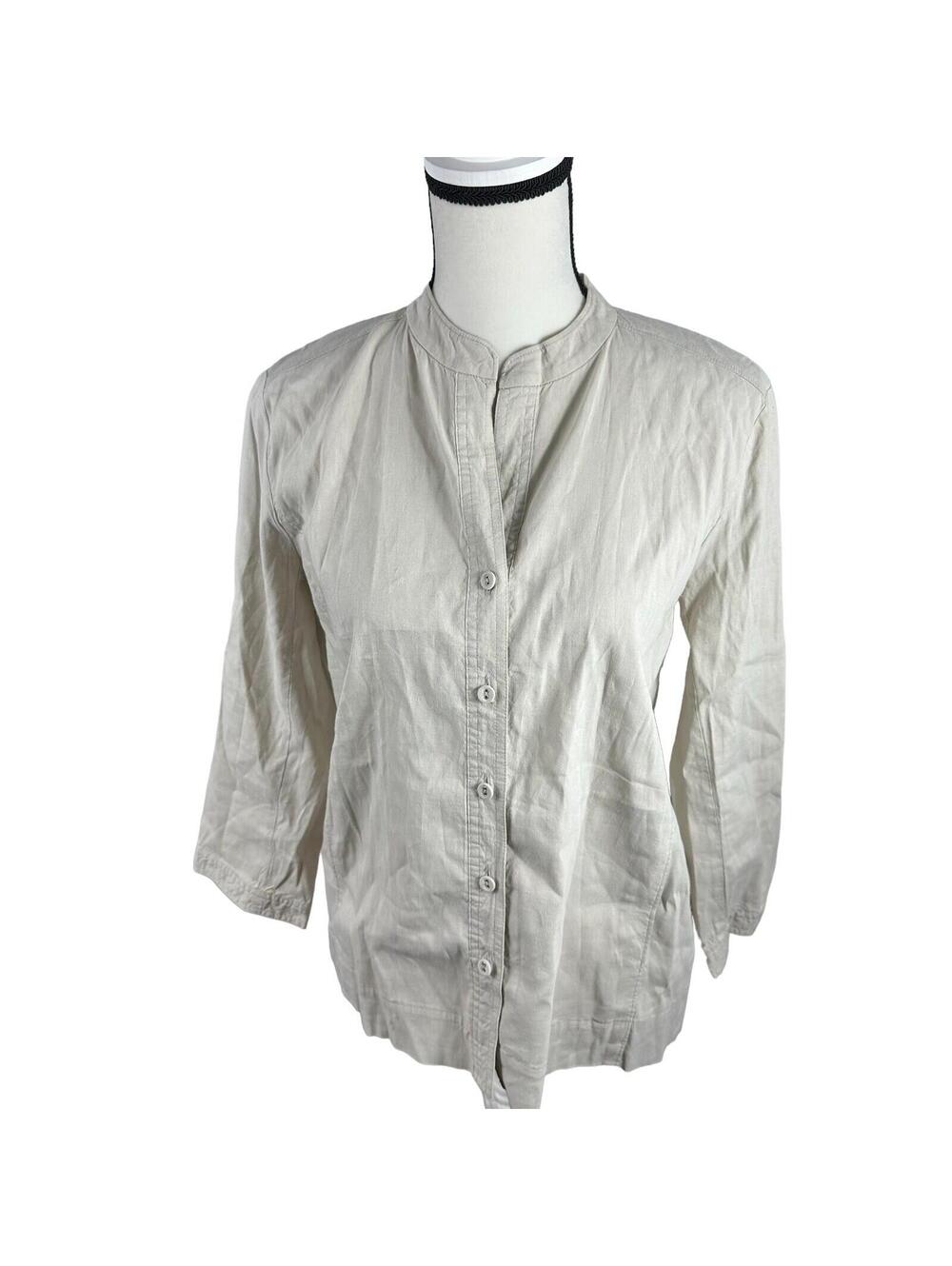 Eileen Fisher Jacket Petite Medium Beige Pockets Button Linen Blend Collarless